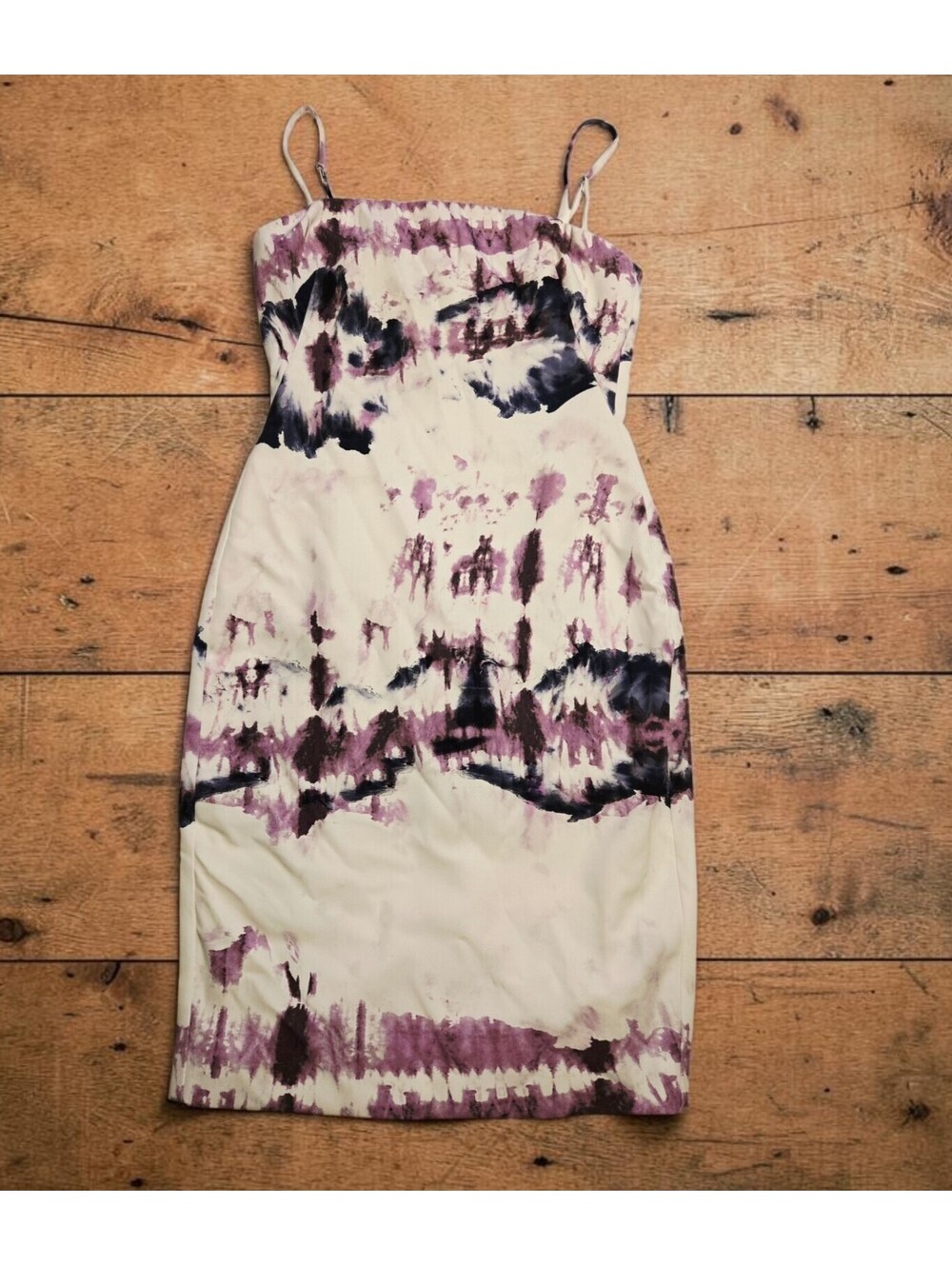 Black Halo Capri Sheath Dress Size 4 Tyrian Tides Purple Tie Dye Midi Silk Blend